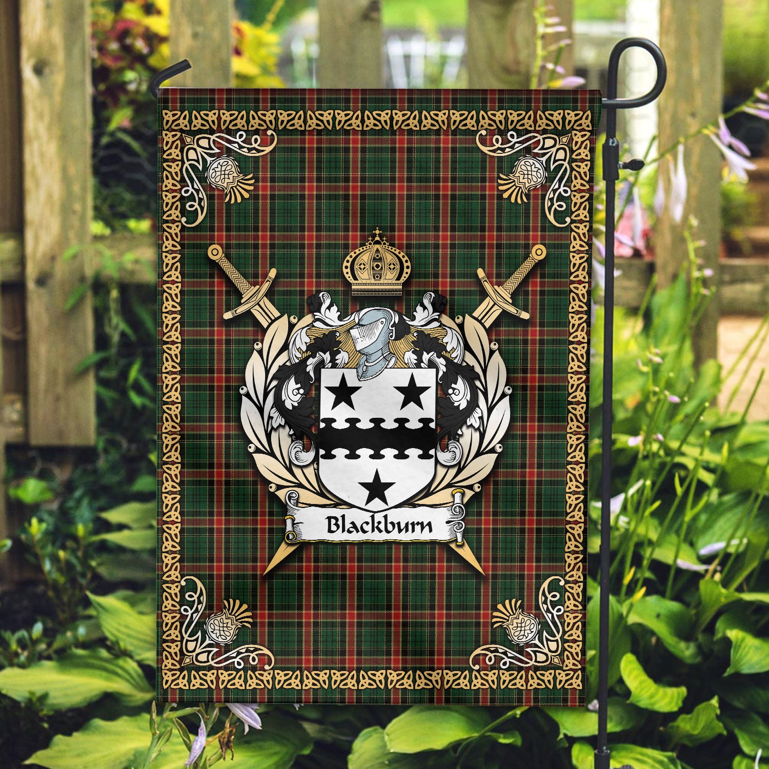 Blackburn Tartan Crest Garden Flag - Celtic Thistle Style