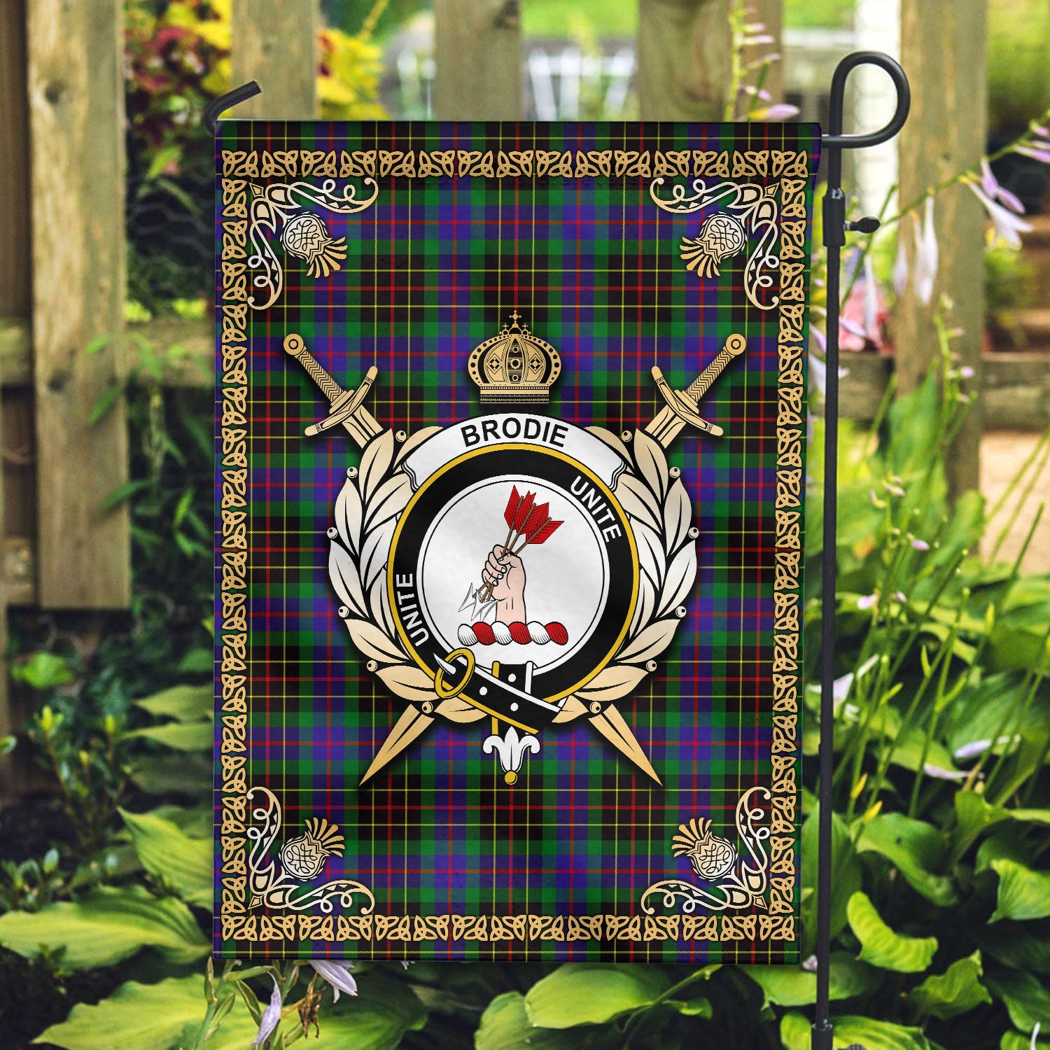 Brodie Hunting Modern Tartan Crest Garden Flag - Celtic Thistle Style