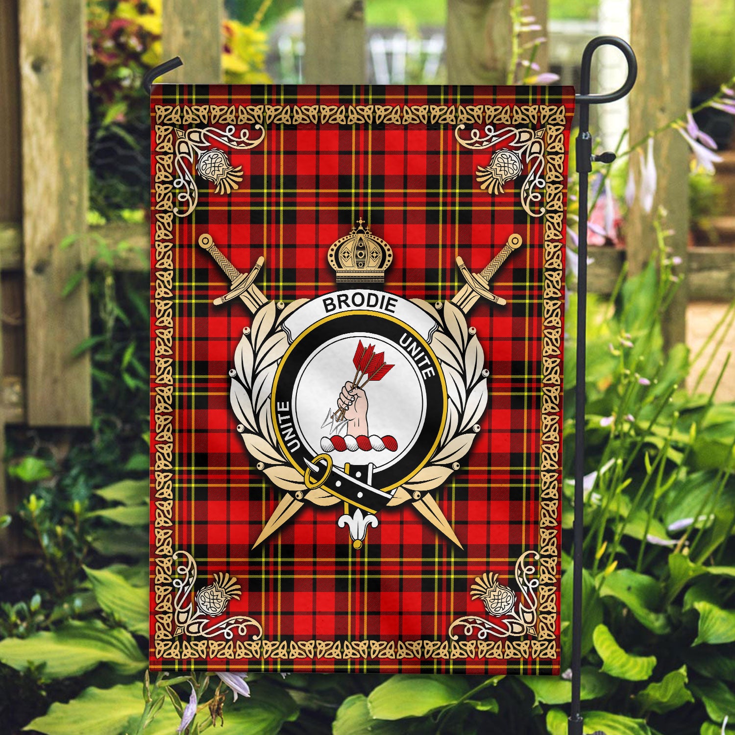 Brodie Modern Tartan Crest Garden Flag - Celtic Thistle Style