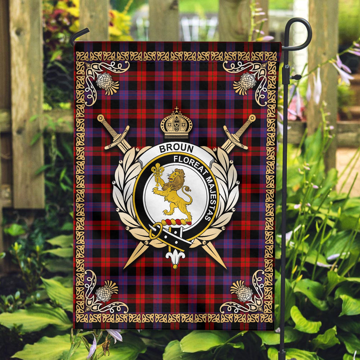 Brown Modern Tartan Crest Garden Flag - Celtic Thistle Style