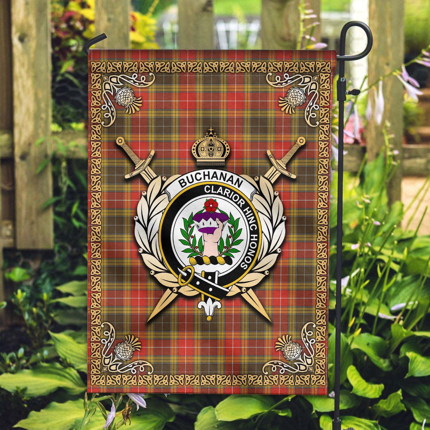 Buchanan Old Set Weathered Tartan Crest Garden Flag - Celtic Thistle Style