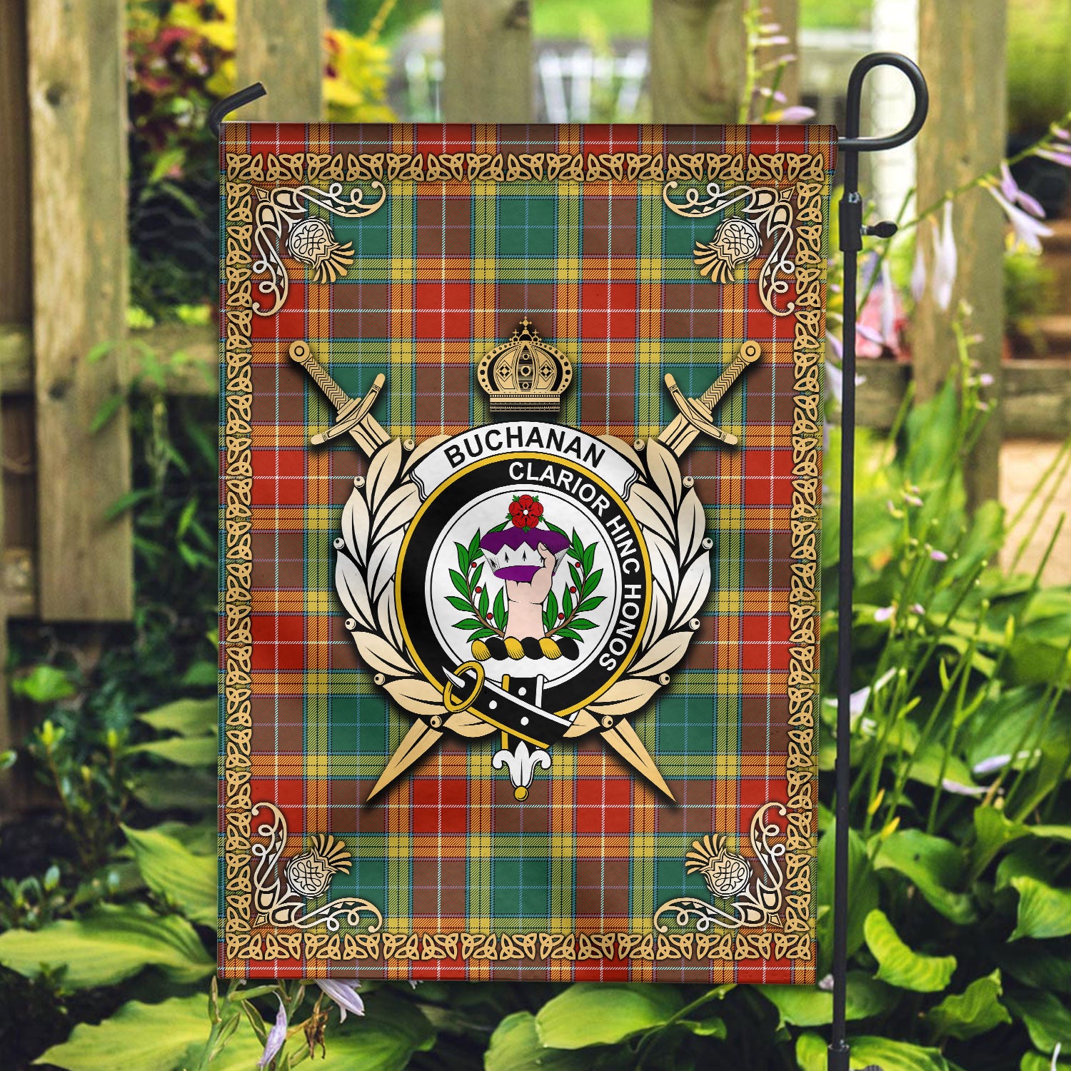 Buchanan Old Sett Tartan Crest Garden Flag - Celtic Thistle Style