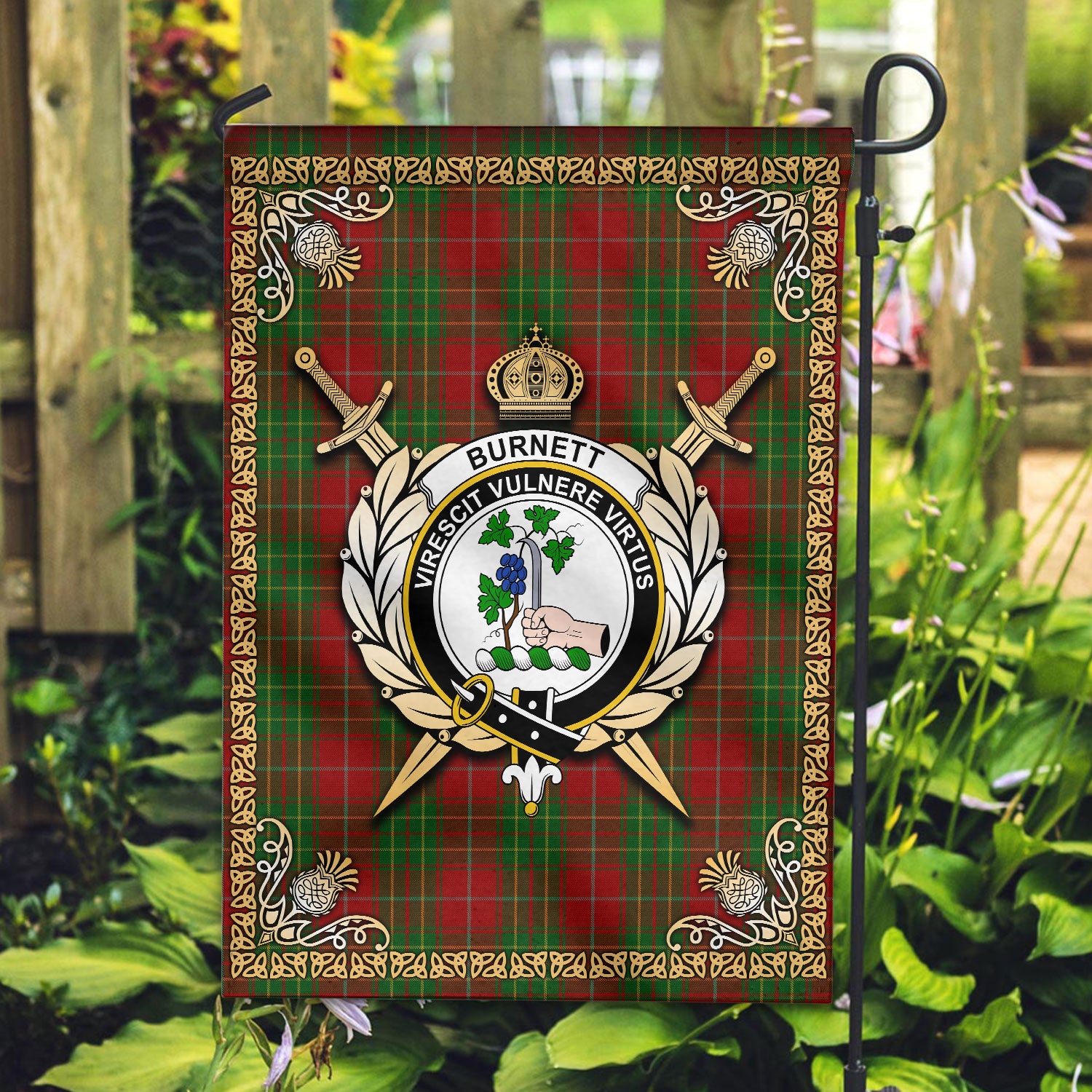 Burnett Tartan Crest Garden Flag - Celtic Thistle Style