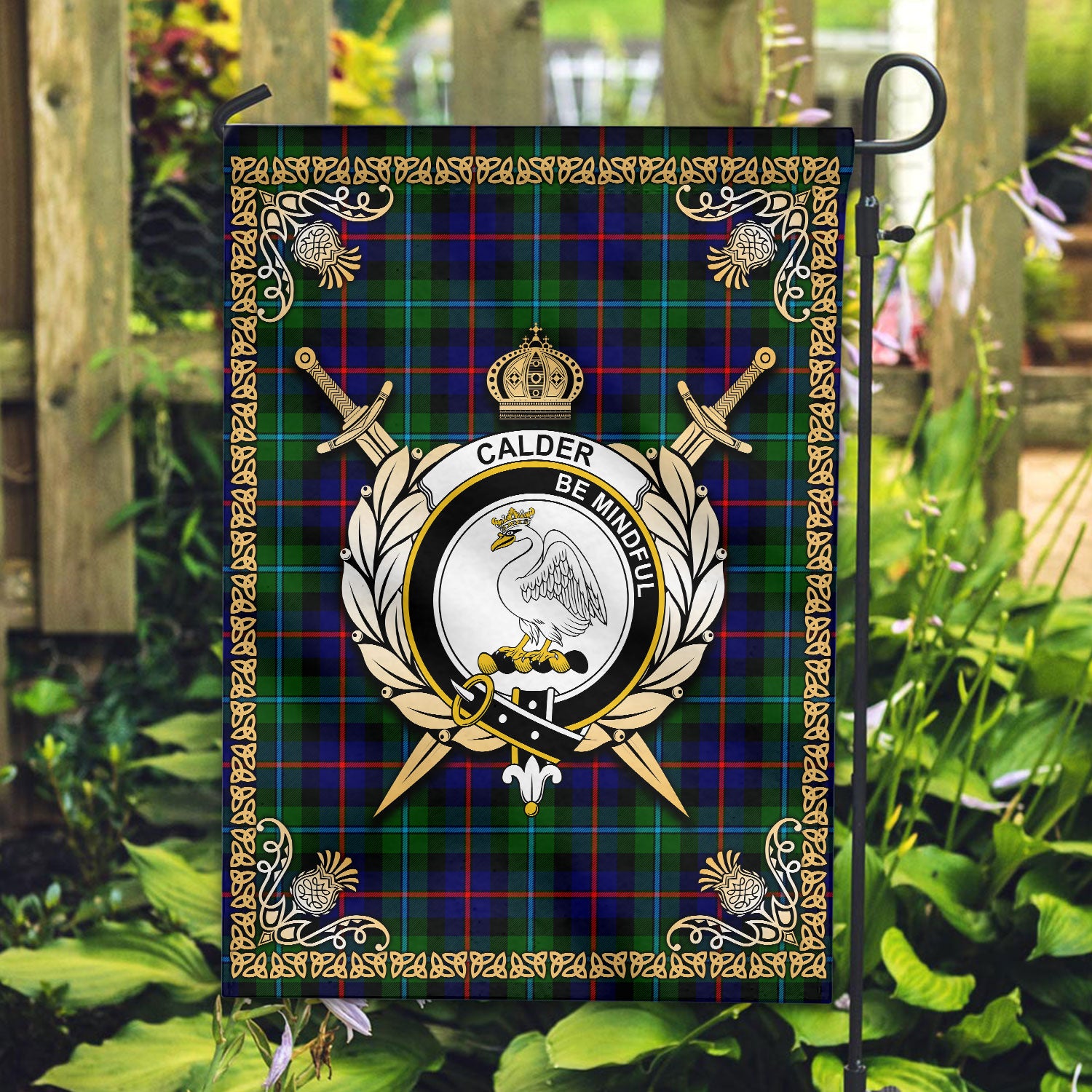 Calder (Calder-Campbell) Tartan Crest Garden Flag - Celtic Thistle Style