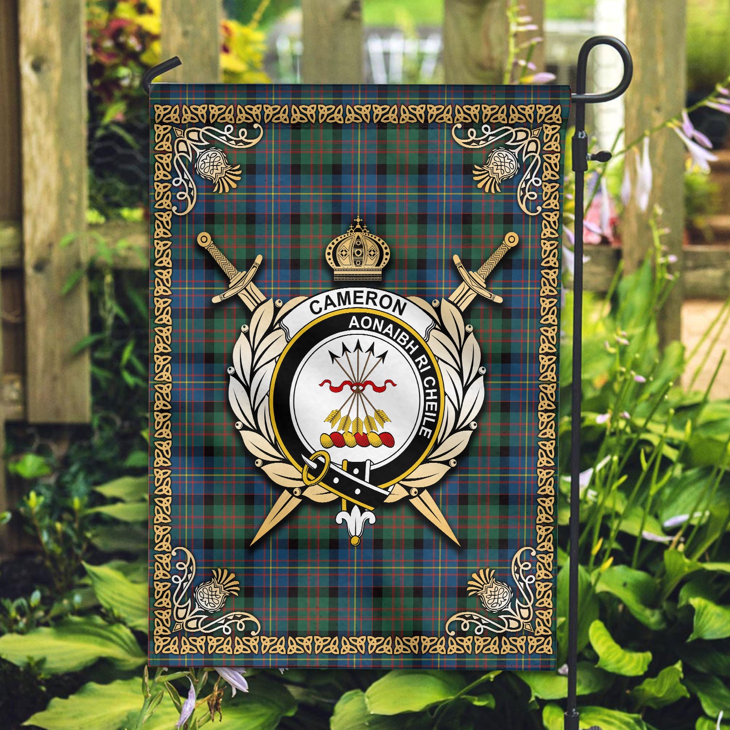 Cameron of Erracht Ancient Tartan Crest Garden Flag - Celtic Thistle Style