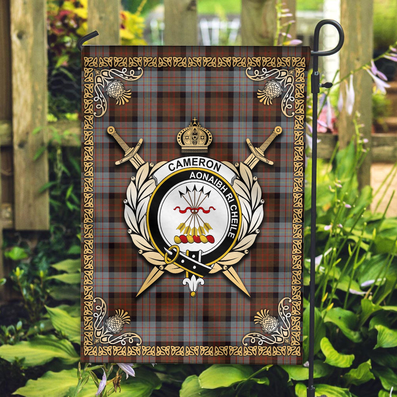 Cameron of Erracht Weathered Tartan Crest Garden Flag - Celtic Thistle Style