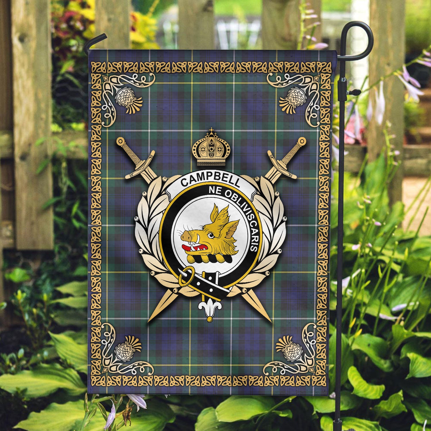 Campbell Argyll Modern Tartan Crest Garden Flag - Celtic Thistle Style