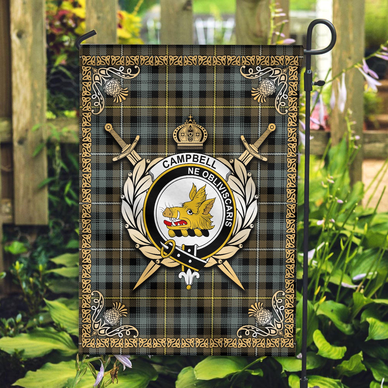 Campbell Argyll Weathered Tartan Crest Garden Flag - Celtic Thistle Style