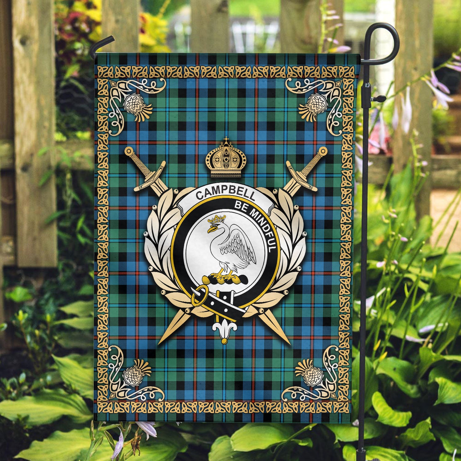 Campbell of Cawdor Ancient Tartan Crest Garden Flag - Celtic Thistle Style