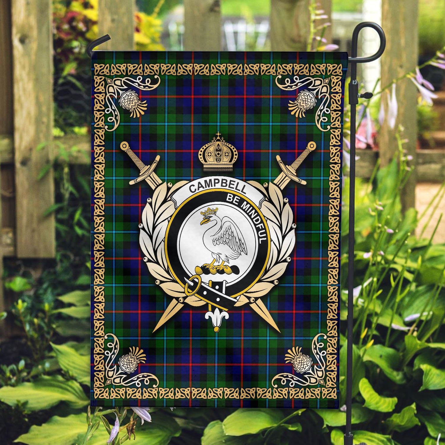 Campbell of Cawdor Modern Tartan Crest Garden Flag - Celtic Thistle Style