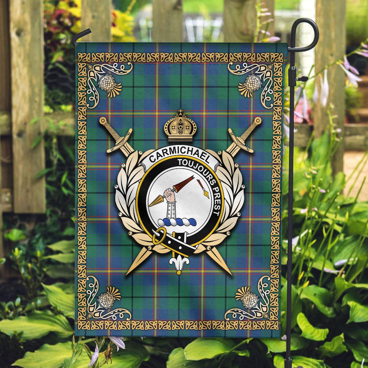 Carmichael Ancient Tartan Crest Garden Flag - Celtic Thistle Style