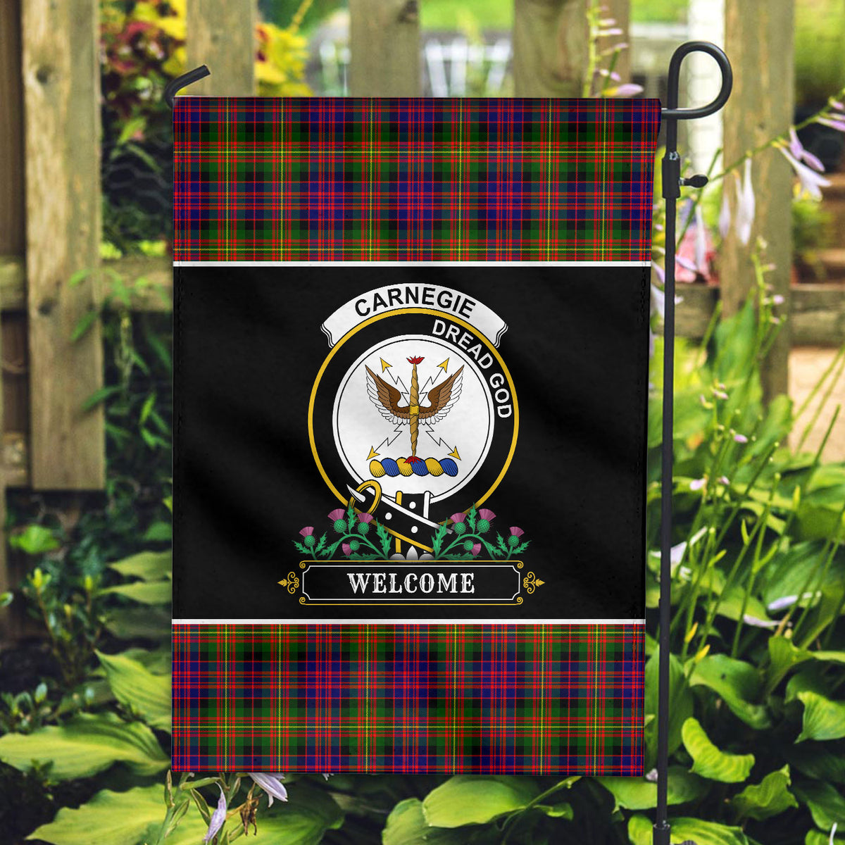 Carnegie Modern Tartan Crest Garden Flag - Welcome Style