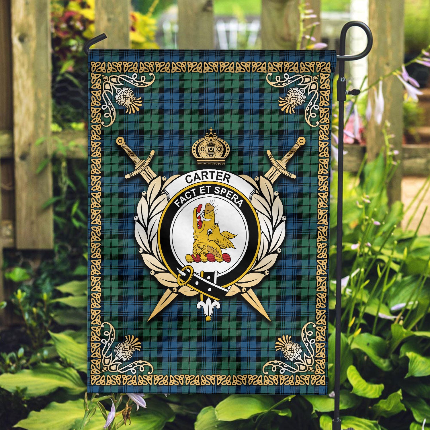 Carter Tartan Crest Garden Flag - Celtic Thistle Style