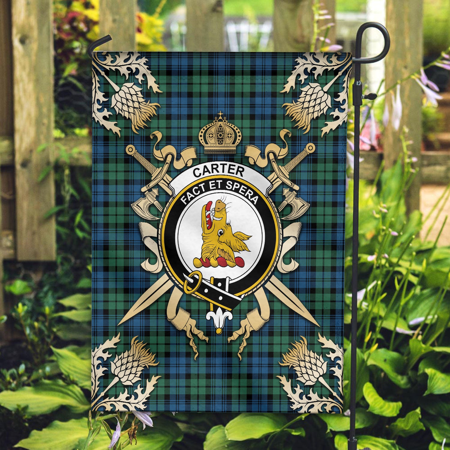 Carter Tartan Crest Black Garden Flag - Gold Thistle Style