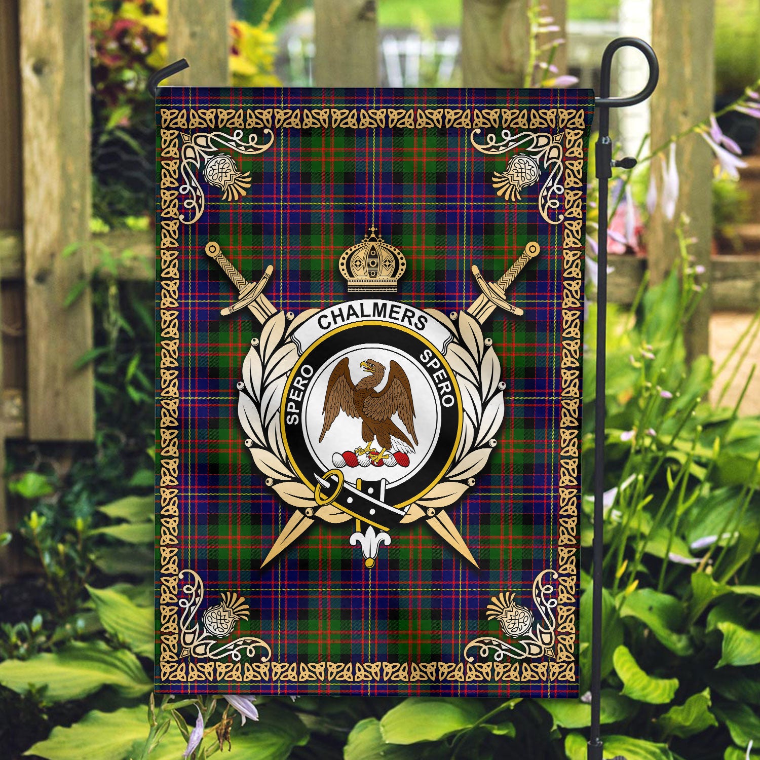 Chalmers (Balnacraig) Tartan Crest Garden Flag - Celtic Thistle Style