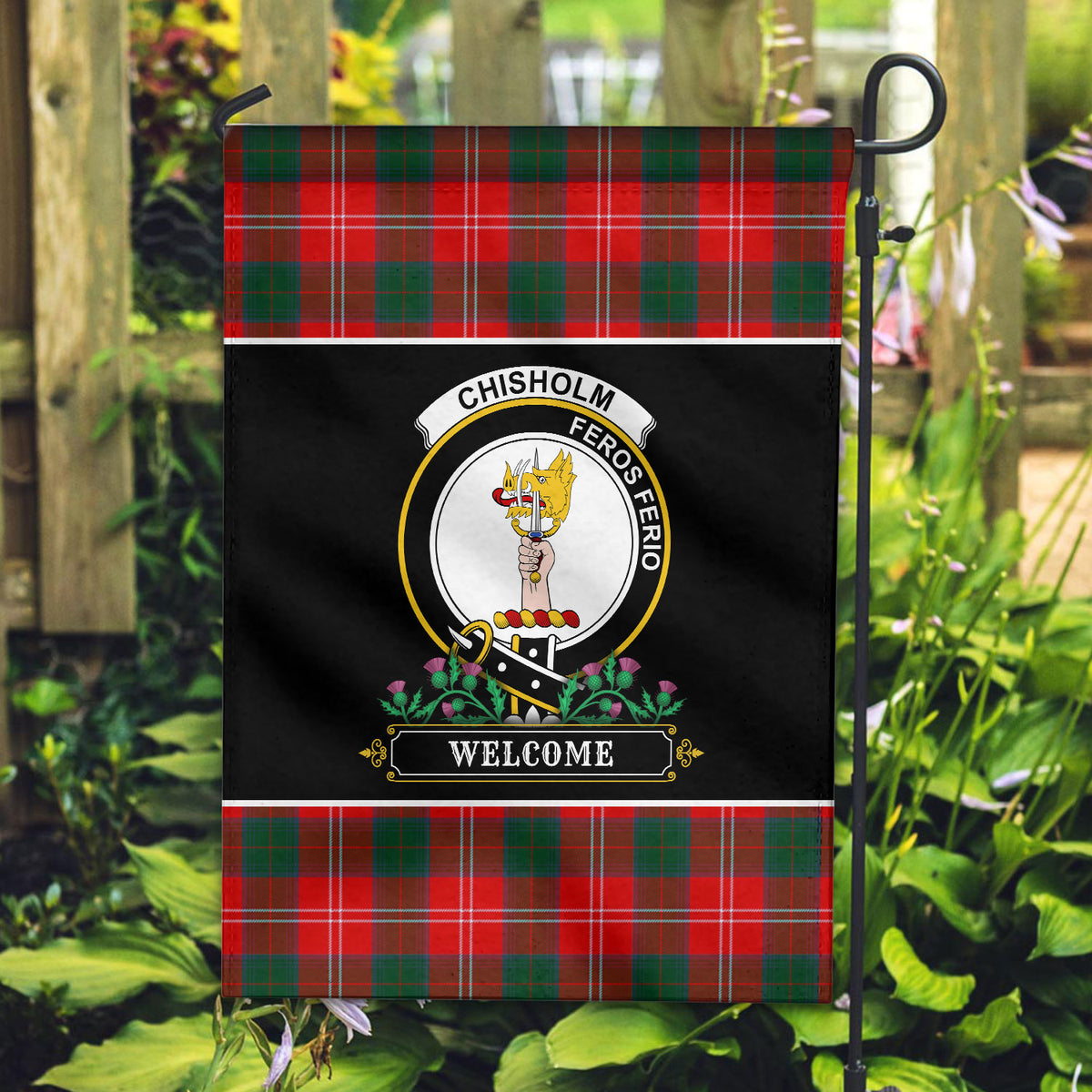 Chisholm Modern Tartan Crest Garden Flag - Welcome Style