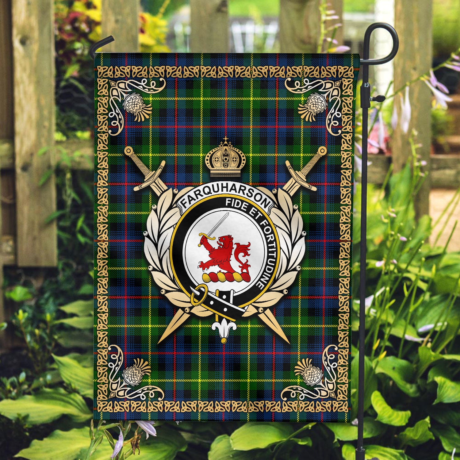 Farquharson Modern Tartan Crest Garden Flag - Celtic Thistle Style