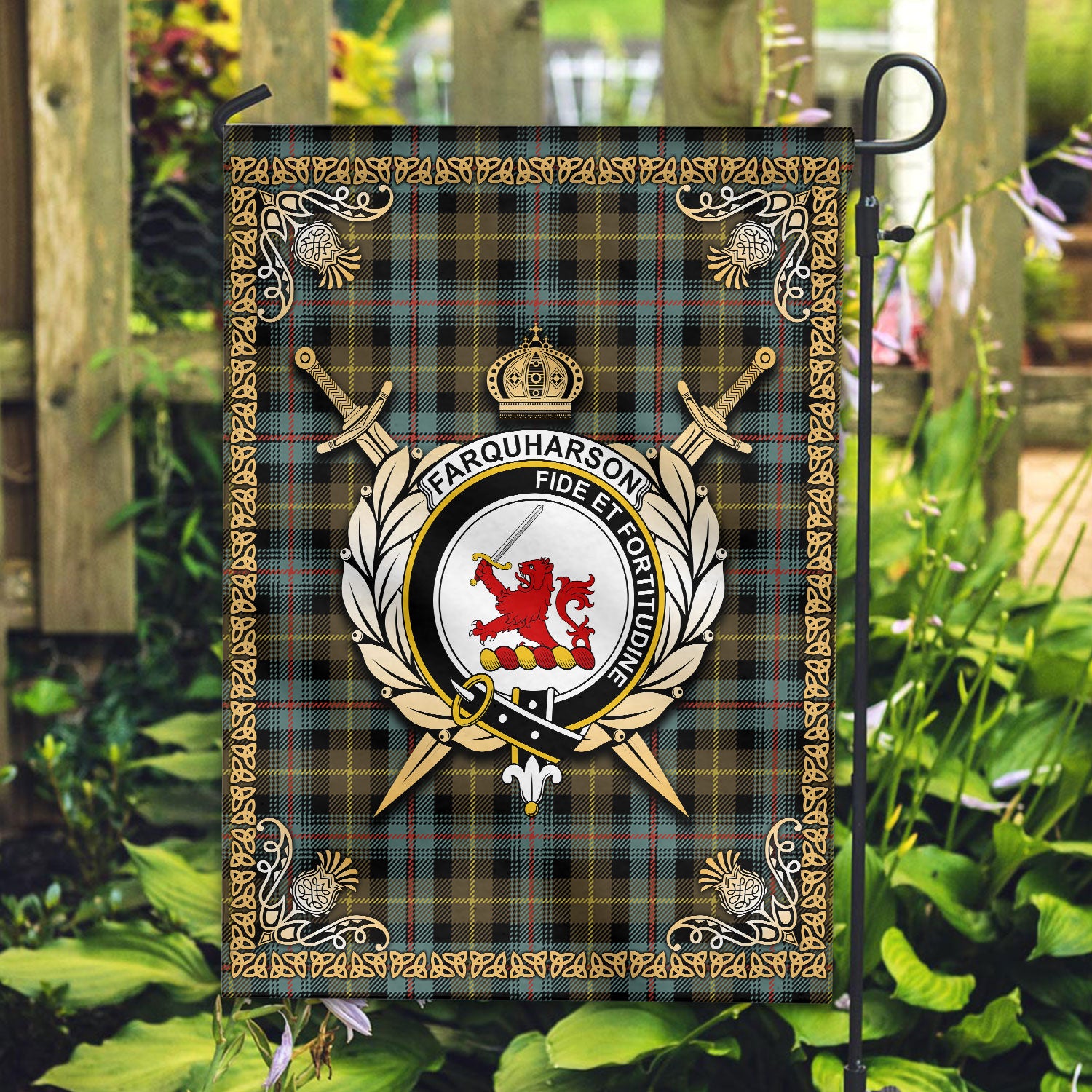 Farquharson Weathered Tartan Crest Garden Flag - Celtic Thistle Style