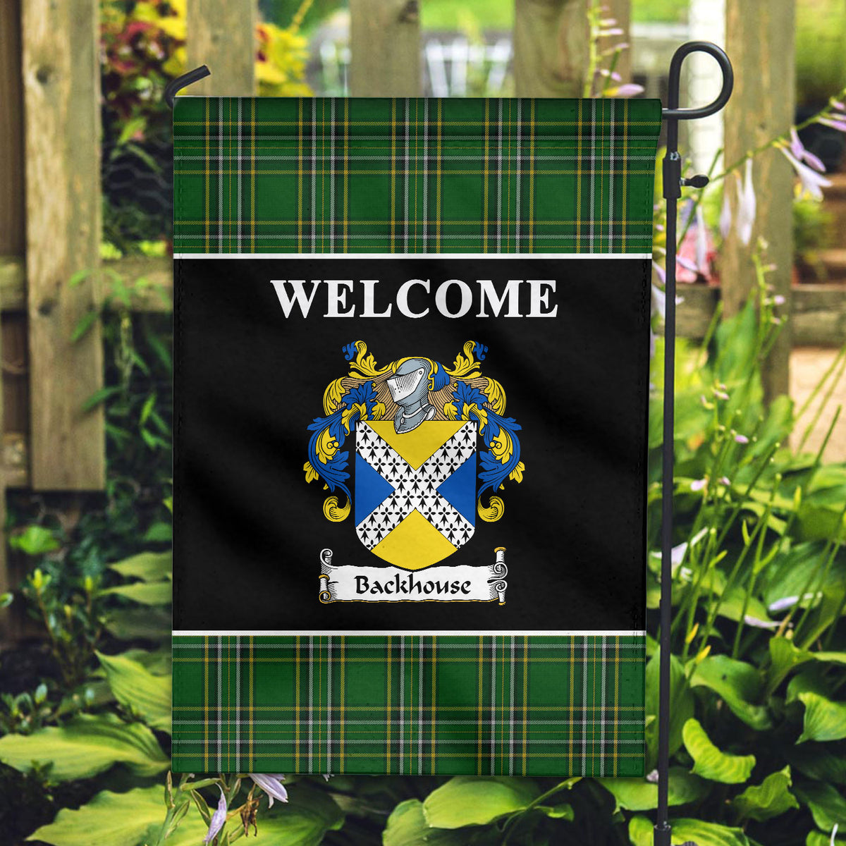 Backhouse Tartan Crest Black Garden Flag