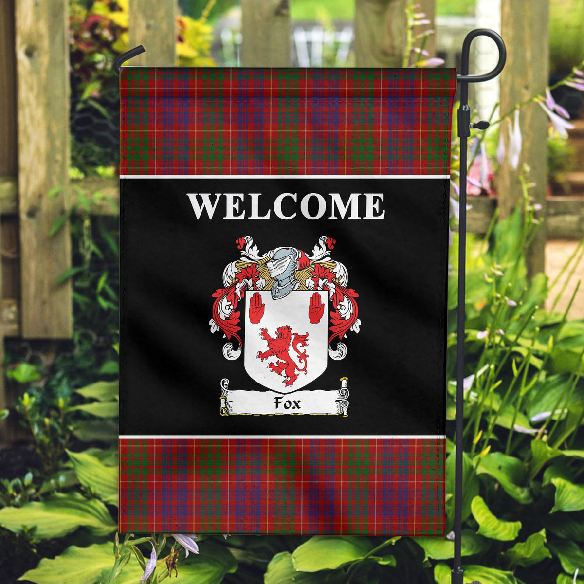 Fox Red Tartan Crest Black Garden Flag