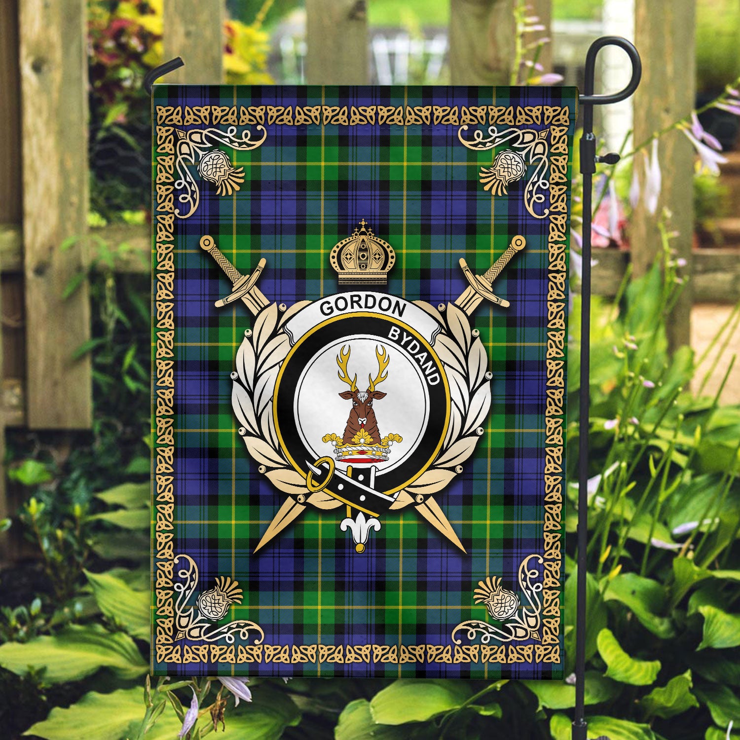 Gordon Modern Tartan Crest Garden Flag - Celtic Thistle Style