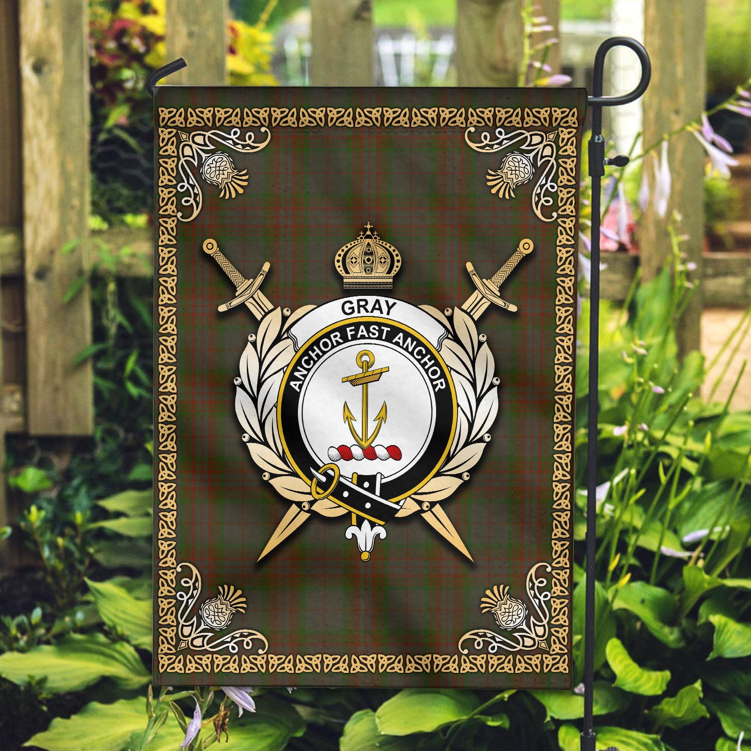 Gray Tartan Crest Garden Flag - Celtic Thistle Style