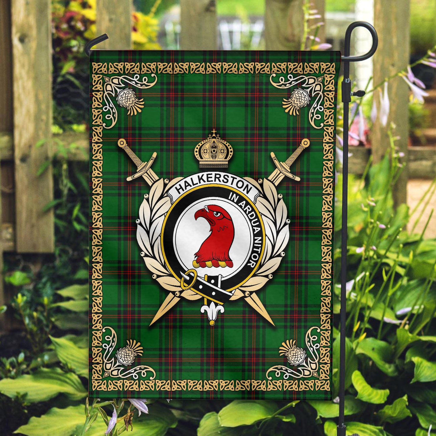 Halkerston Tartan Crest Garden Flag - Celtic Thistle Style
