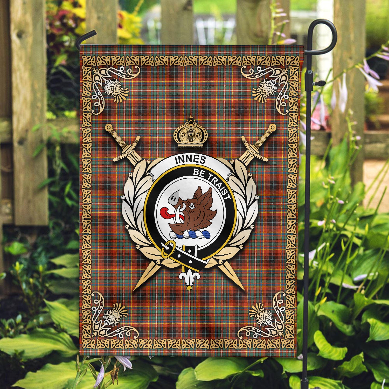 Innes Ancient Tartan Crest Garden Flag - Celtic Thistle Style