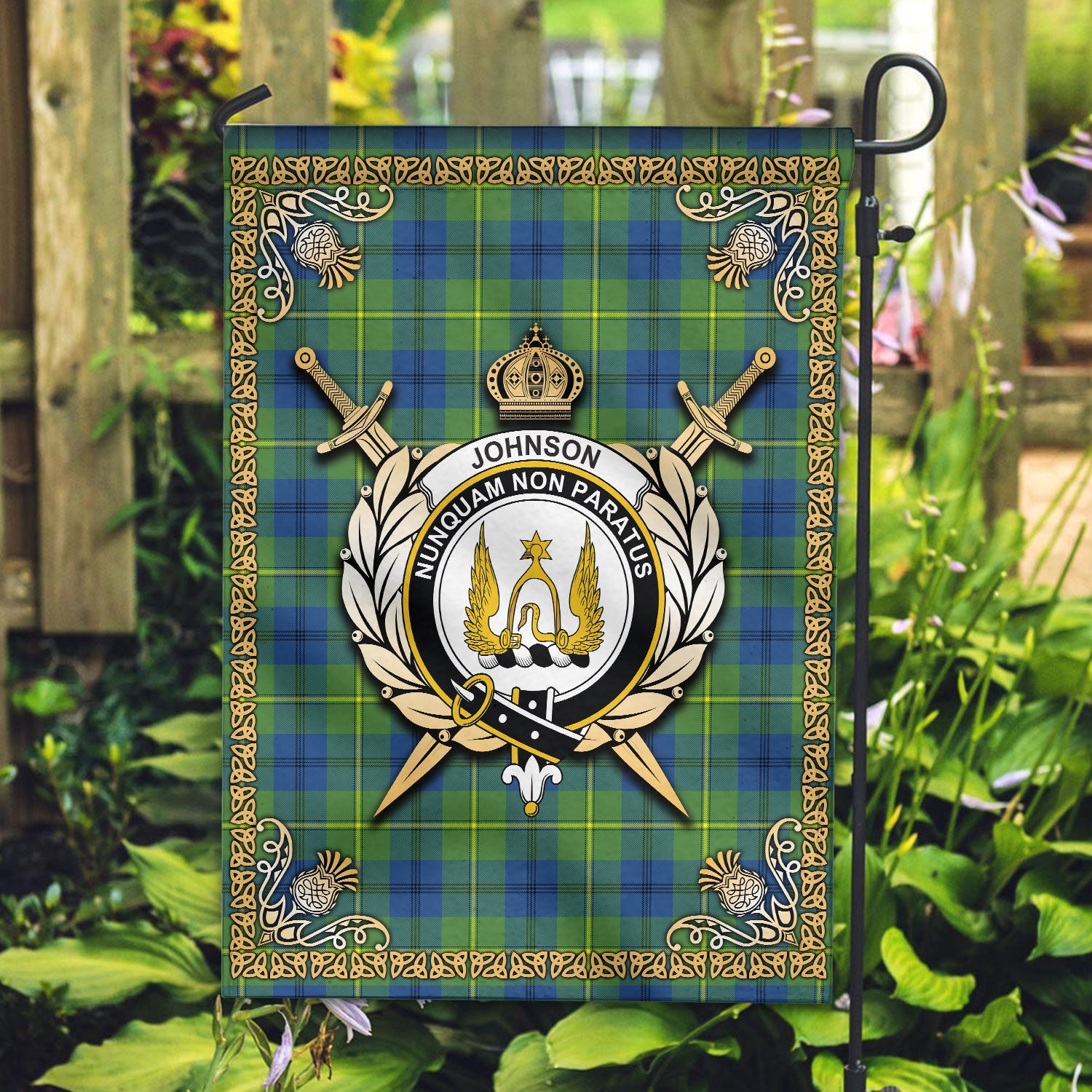 Johnson Ancient Tartan Crest Garden Flag - Celtic Thistle Style