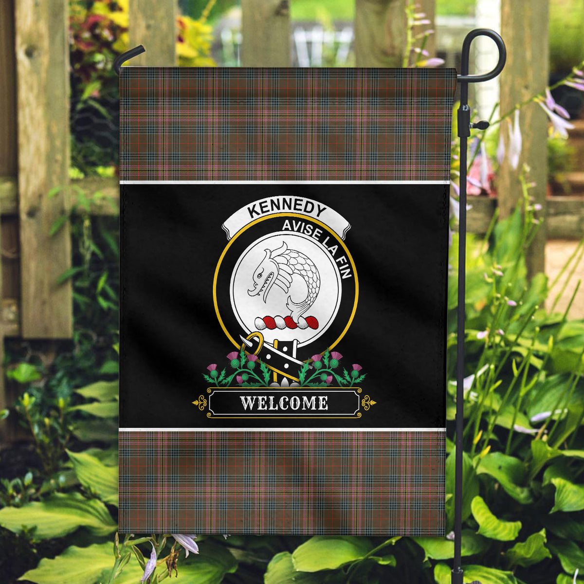 Kennedy Weathered Tartan Crest Garden Flag - Welcome Style