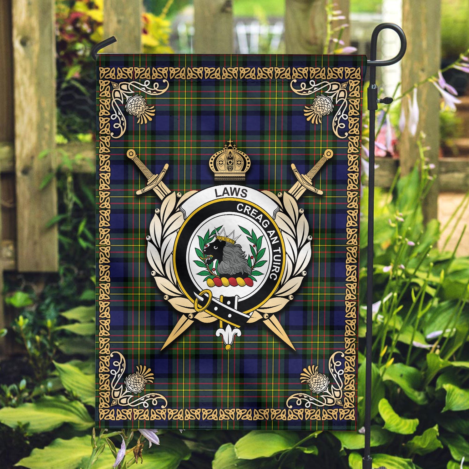 Laws Tartan Crest Garden Flag - Celtic Thistle Style