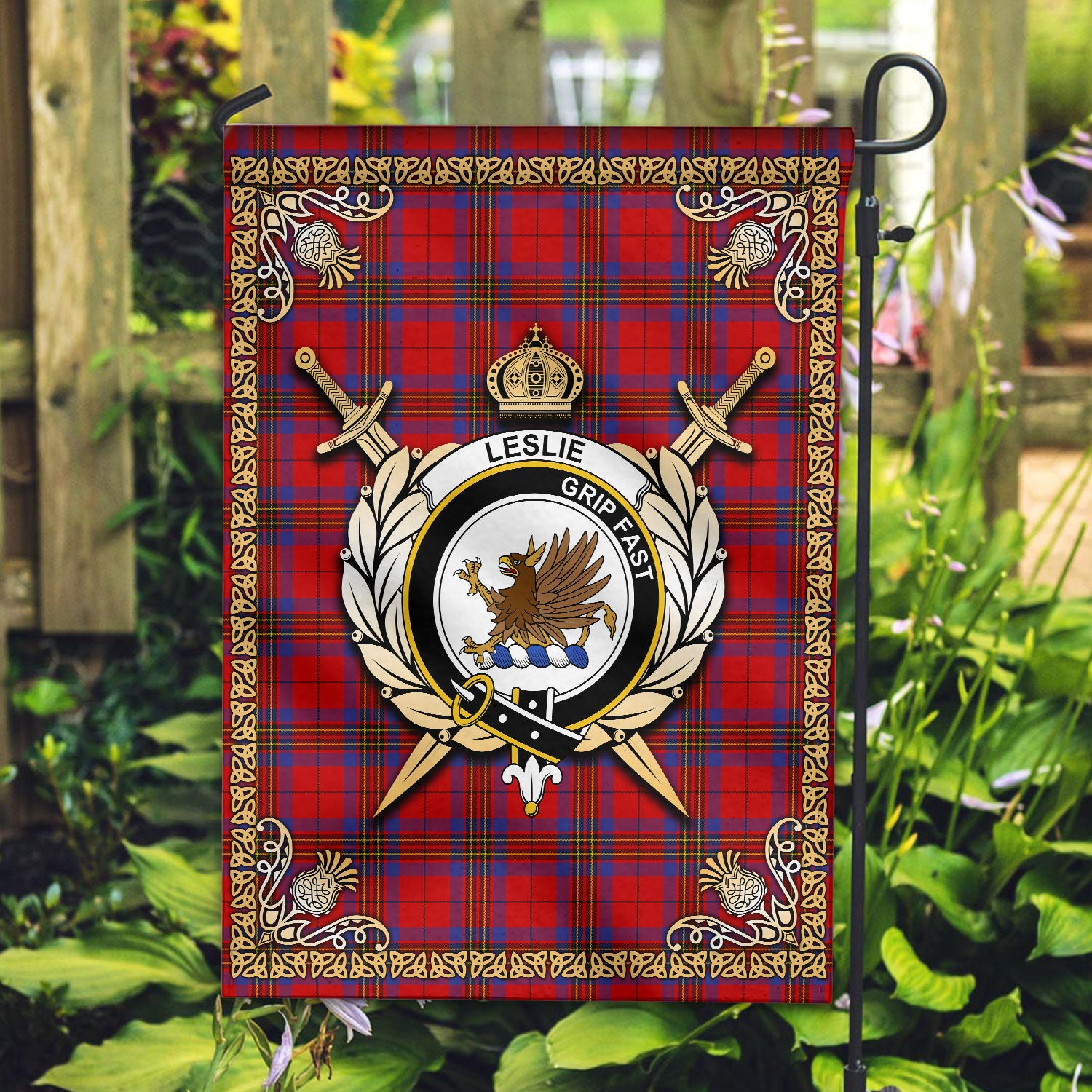 Leslie Modern Tartan Crest Garden Flag - Celtic Thistle Style