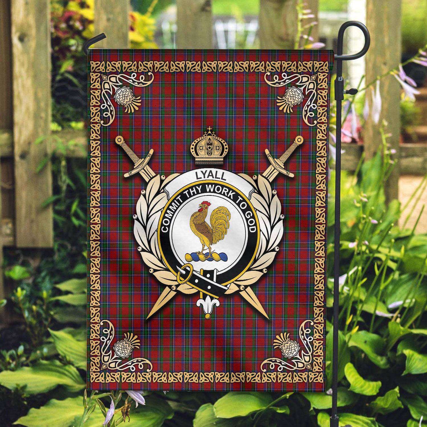 Lyall Tartan Crest Garden Flag - Celtic Thistle Style