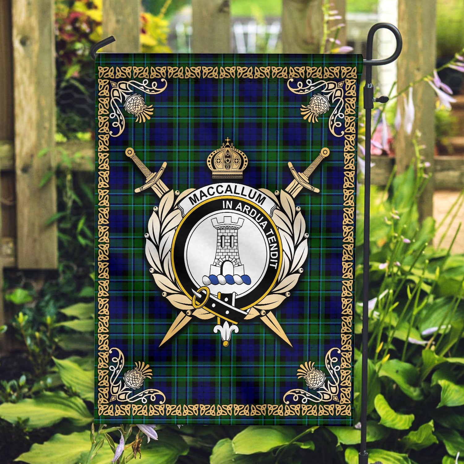 MacCallum Modern Tartan Crest Garden Flag - Celtic Thistle Style