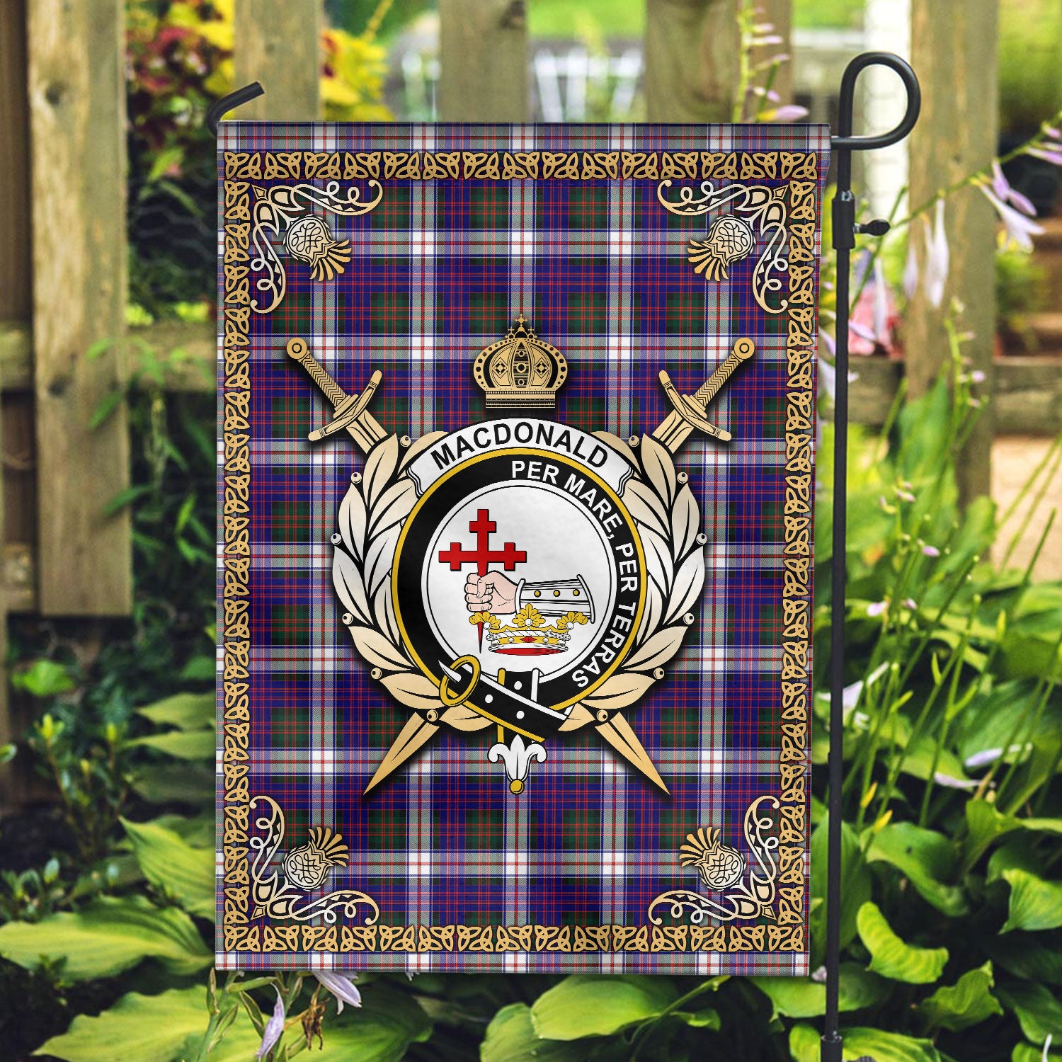MacDonald Dress Modern Tartan Crest Garden Flag - Celtic Thistle Style