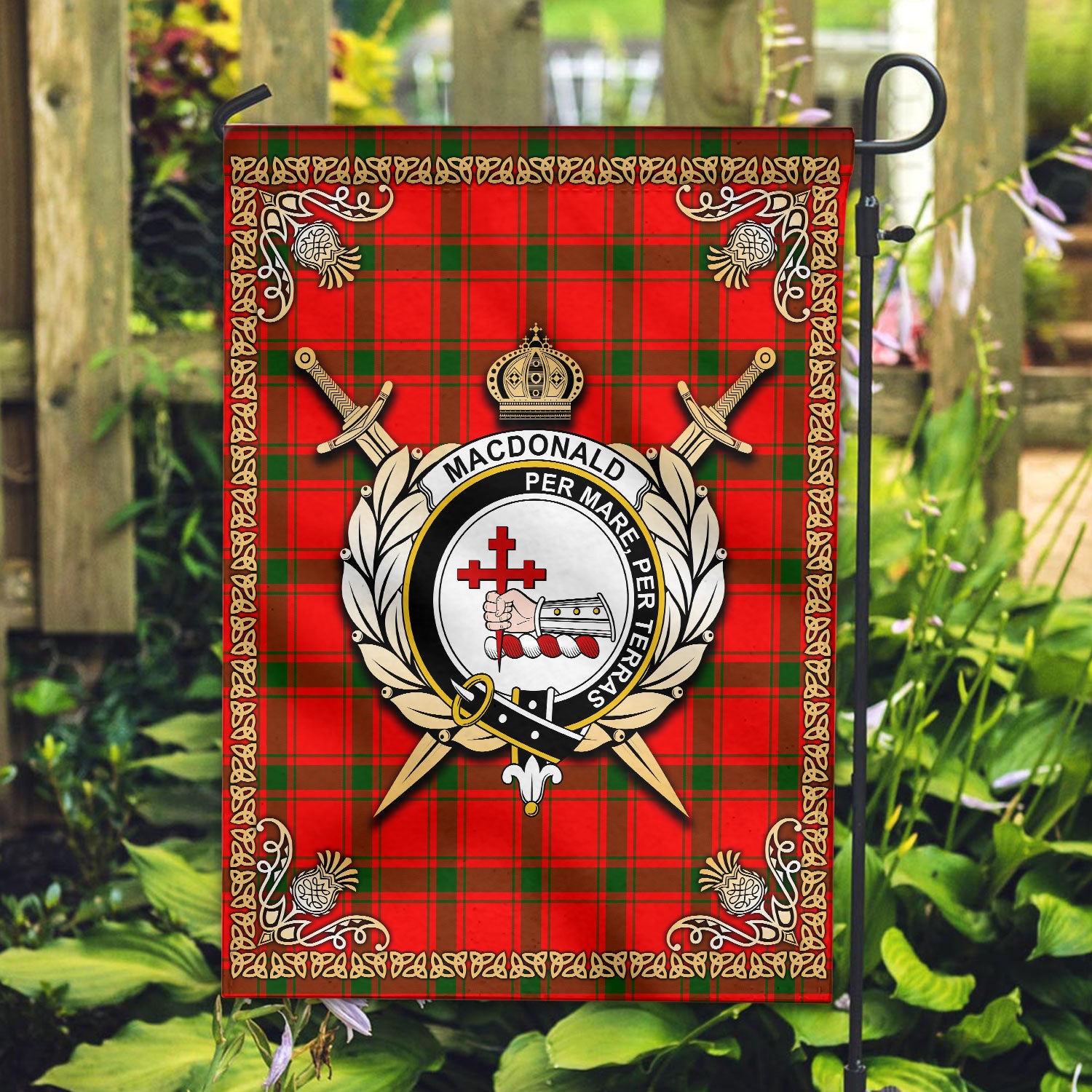 MacDonald of Sleat Tartan Crest Garden Flag - Celtic Thistle Style