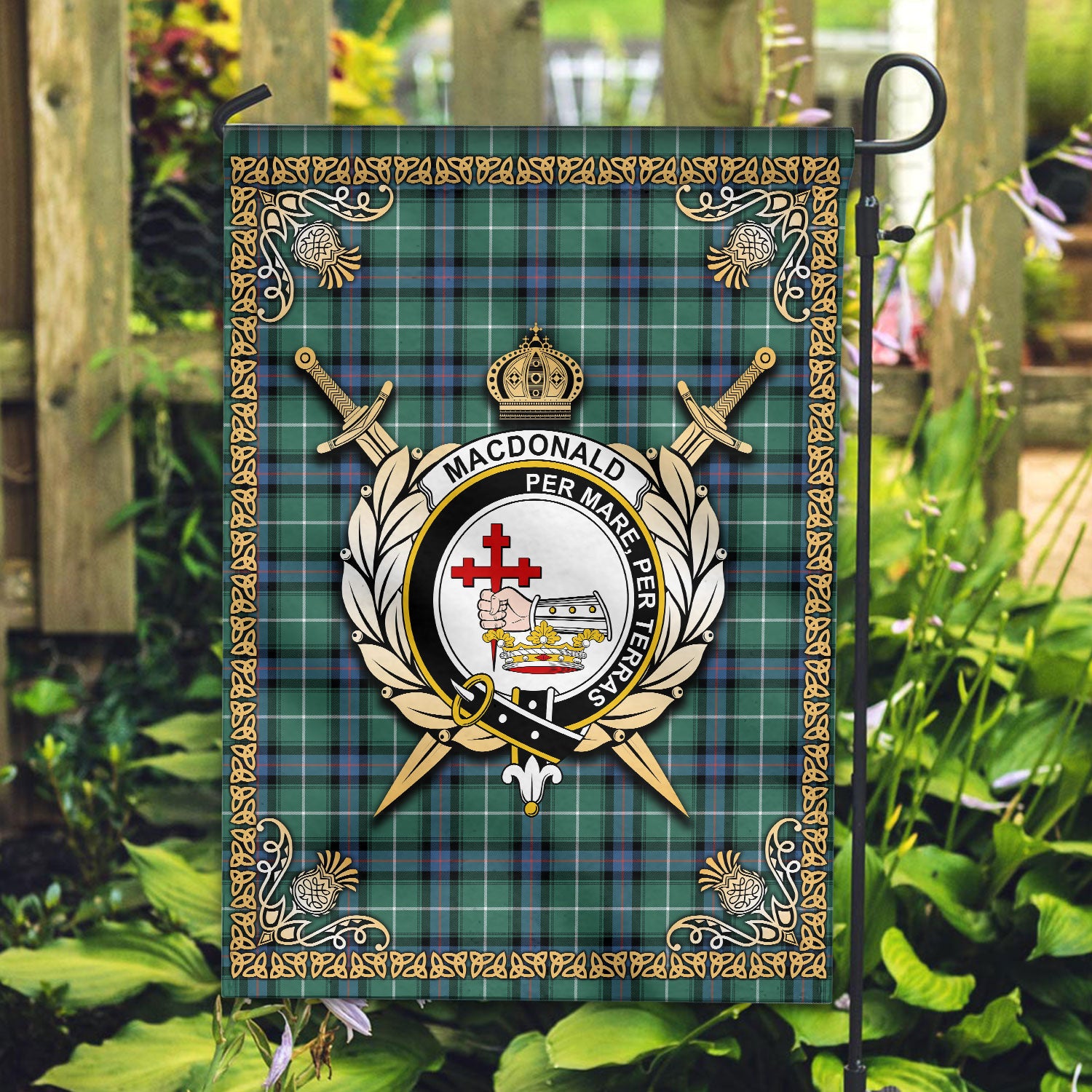 MacDonald of the Isles Hunting Ancient Tartan Crest Garden Flag - Celtic Thistle Style