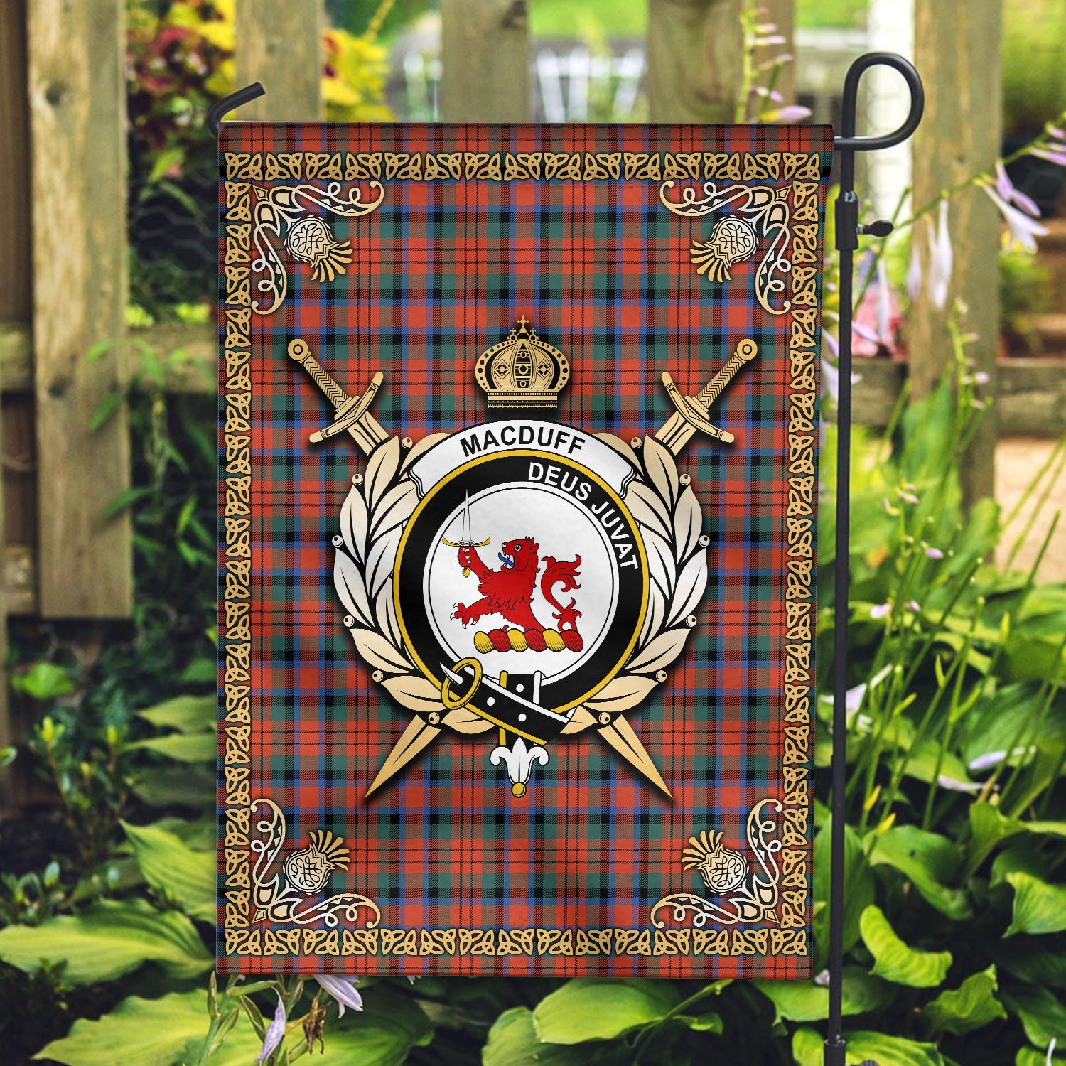 MacDuff Ancient Tartan Crest Garden Flag - Celtic Thistle Style
