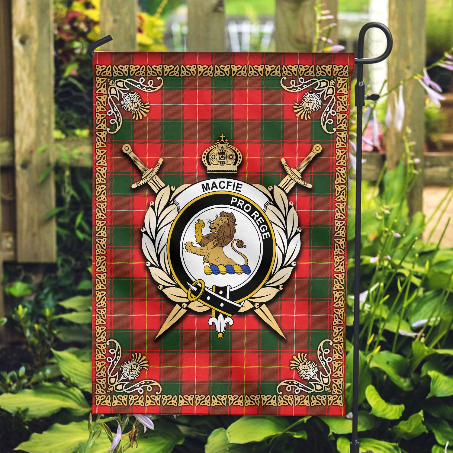 MacFie Tartan Crest Garden Flag - Celtic Thistle Style