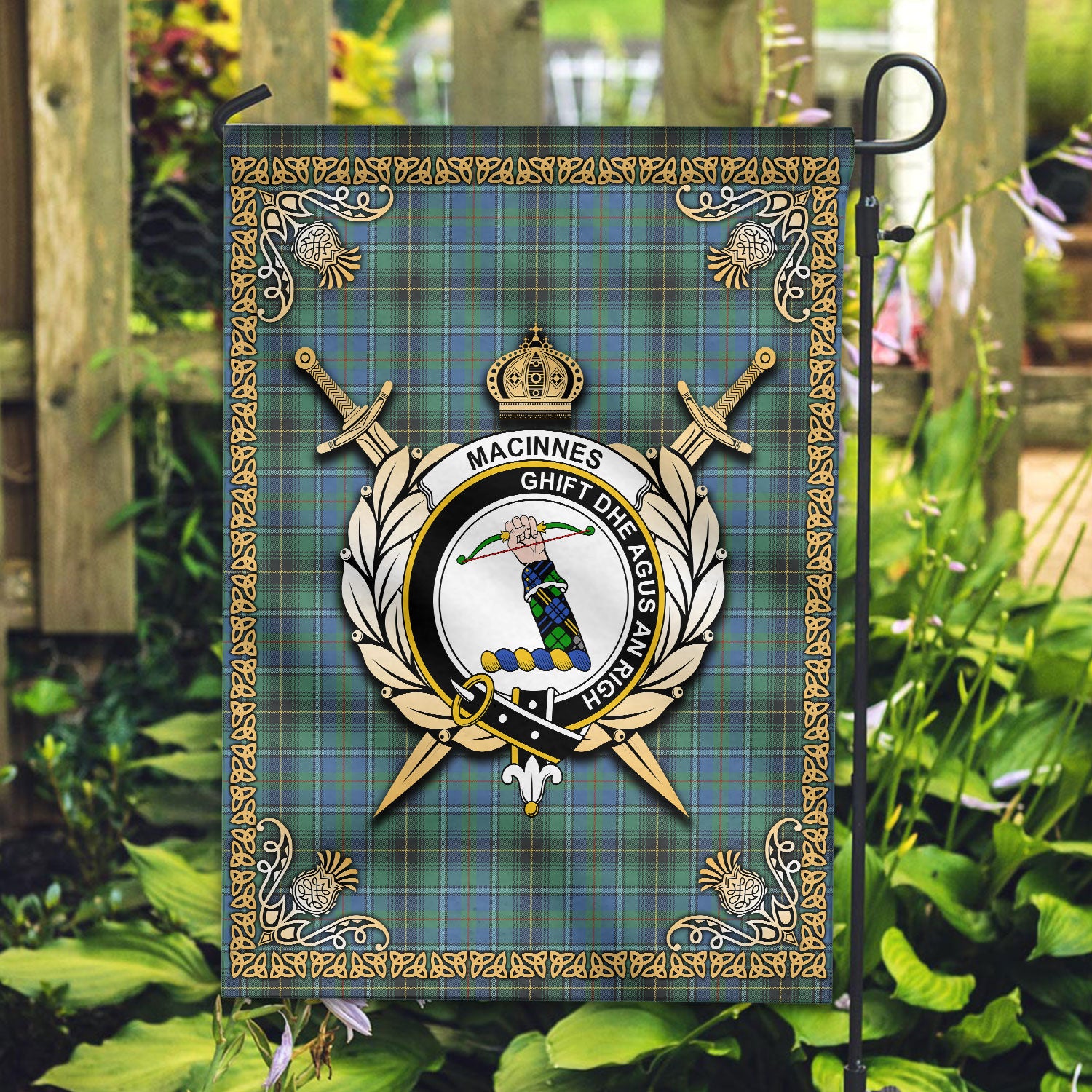 MacInnes Ancient Tartan Crest Garden Flag - Celtic Thistle Style