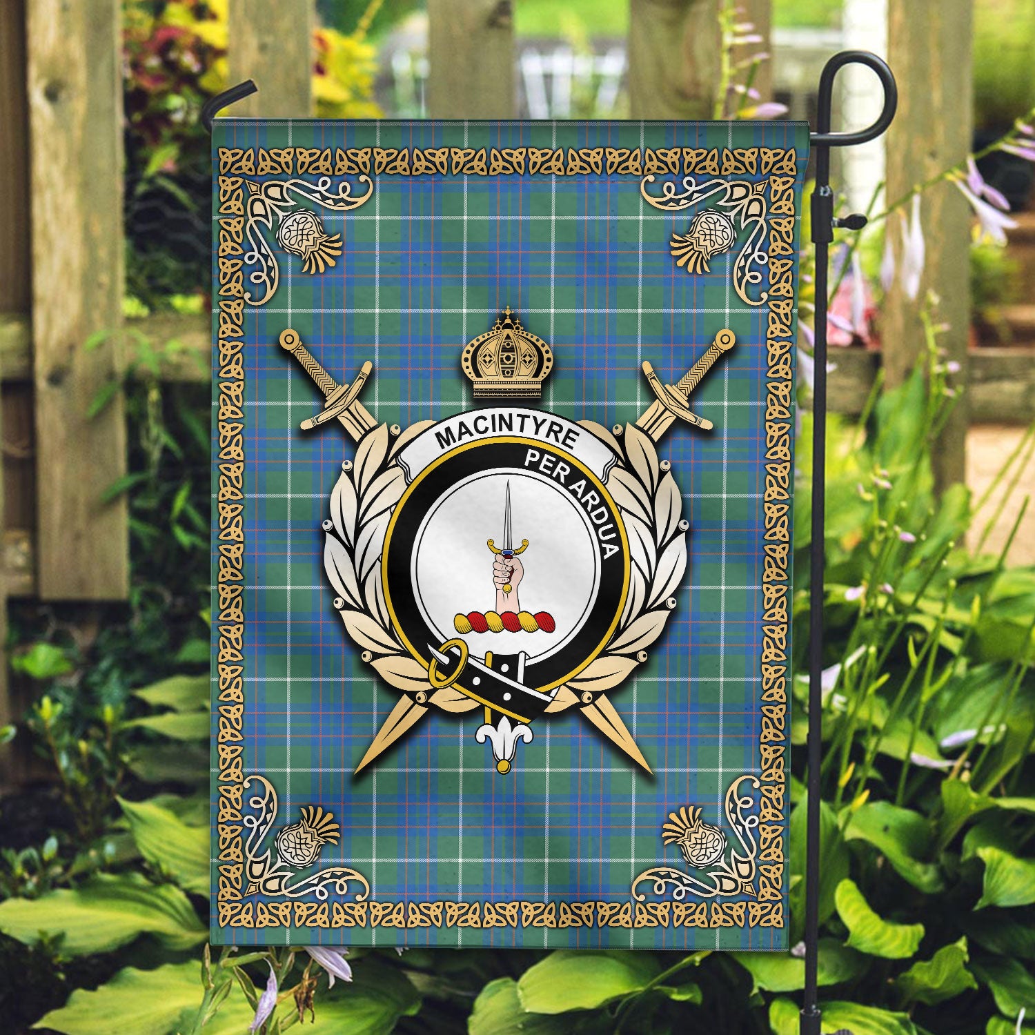 MacIntyre Hunting Ancient Tartan Crest Garden Flag - Celtic Thistle Style