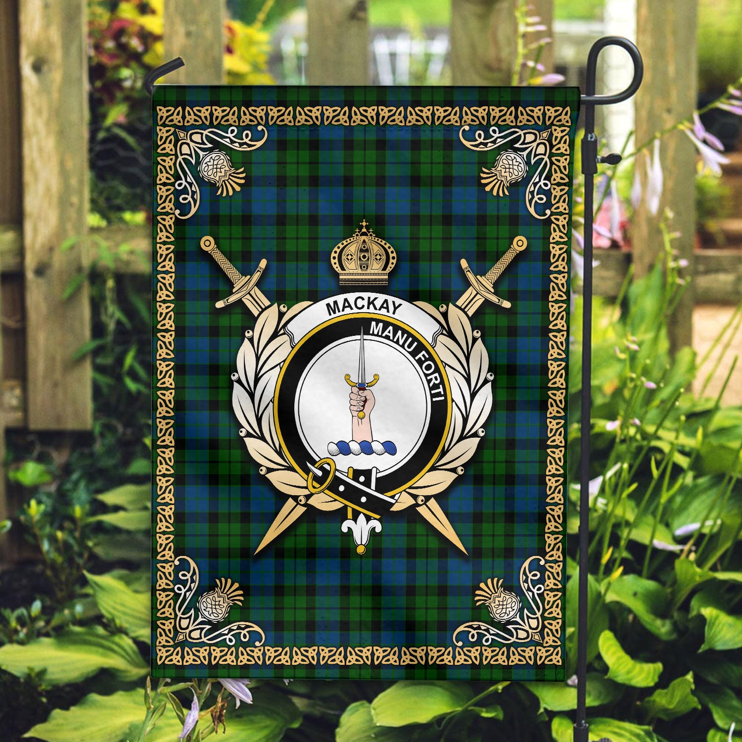 MacKay Modern Tartan Crest Garden Flag - Celtic Thistle Style