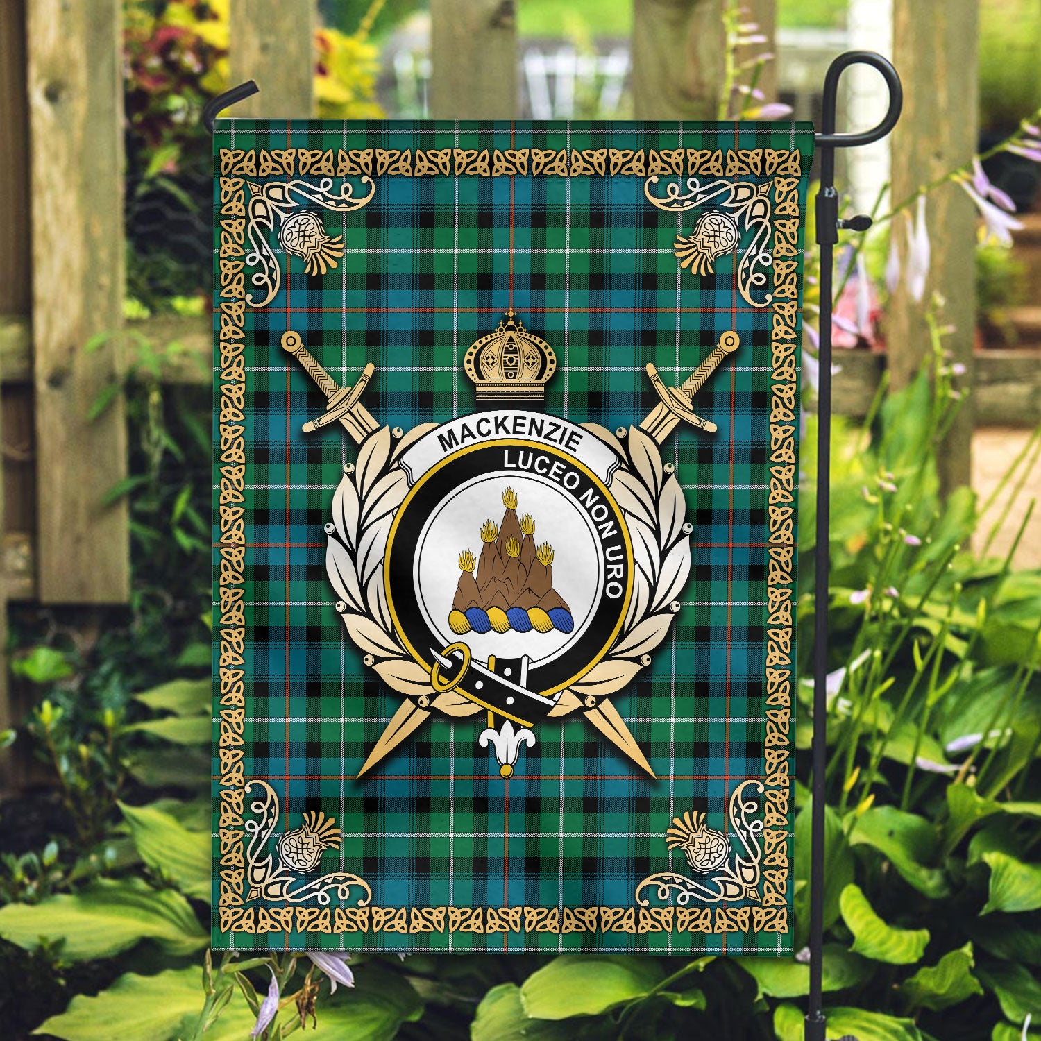 MacKenzie Ancient Tartan Crest Garden Flag - Celtic Thistle Style