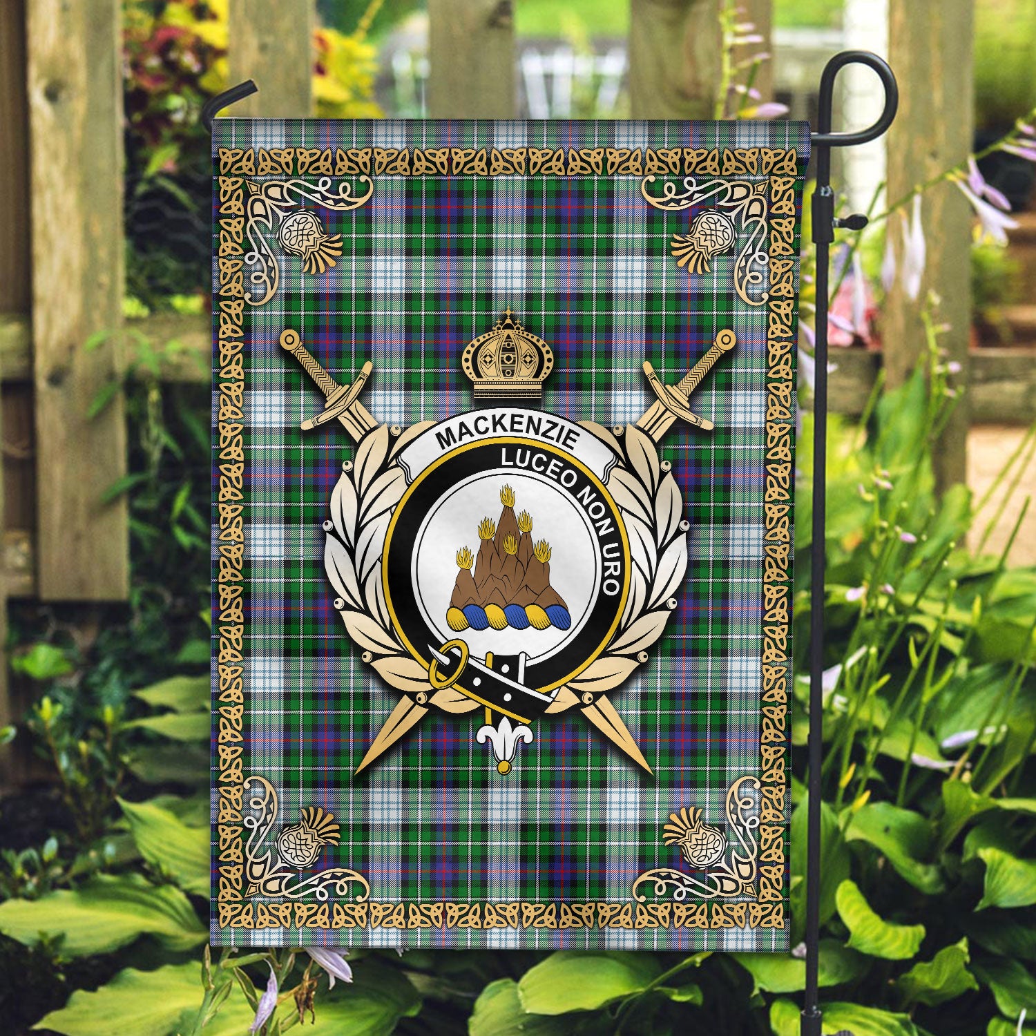 MacKenzie Dress Modern Tartan Crest Garden Flag - Celtic Thistle Style