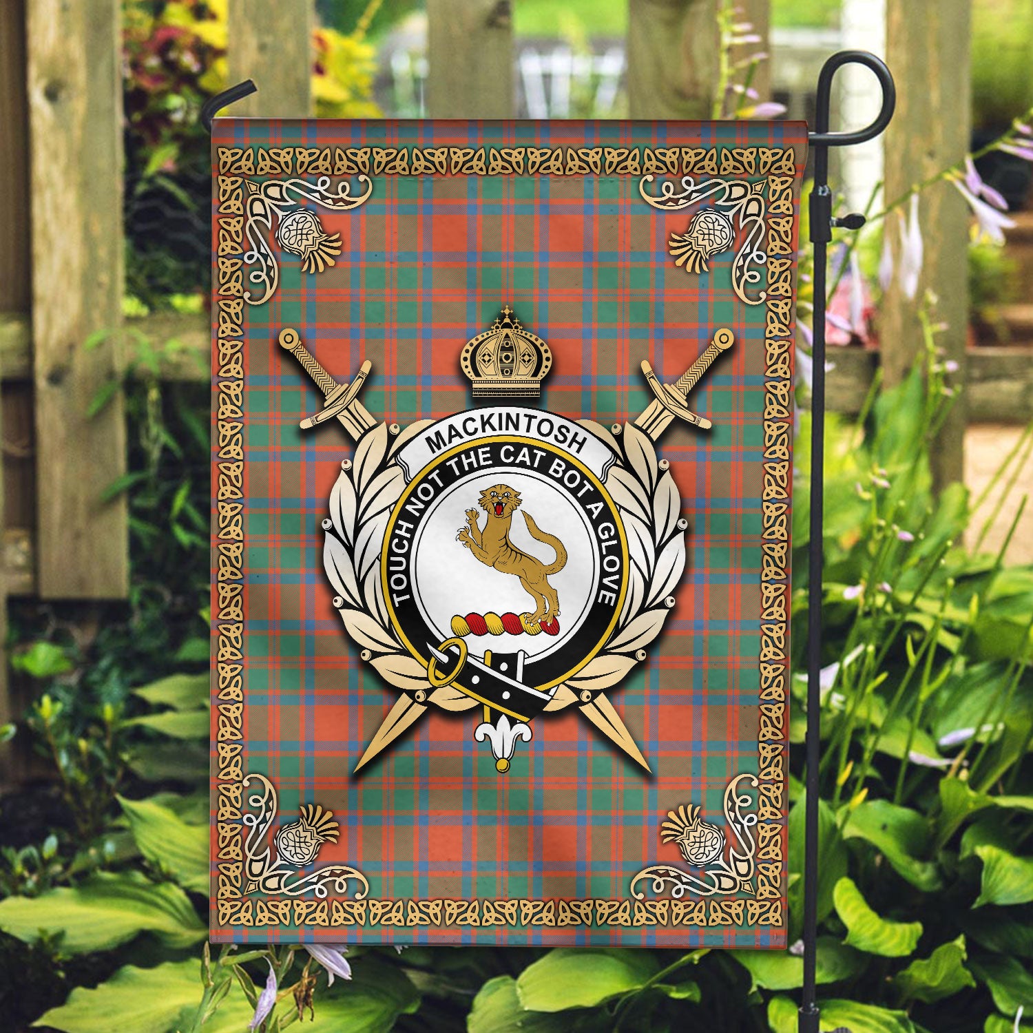 MacKintosh Ancient Tartan Crest Garden Flag - Celtic Thistle Style