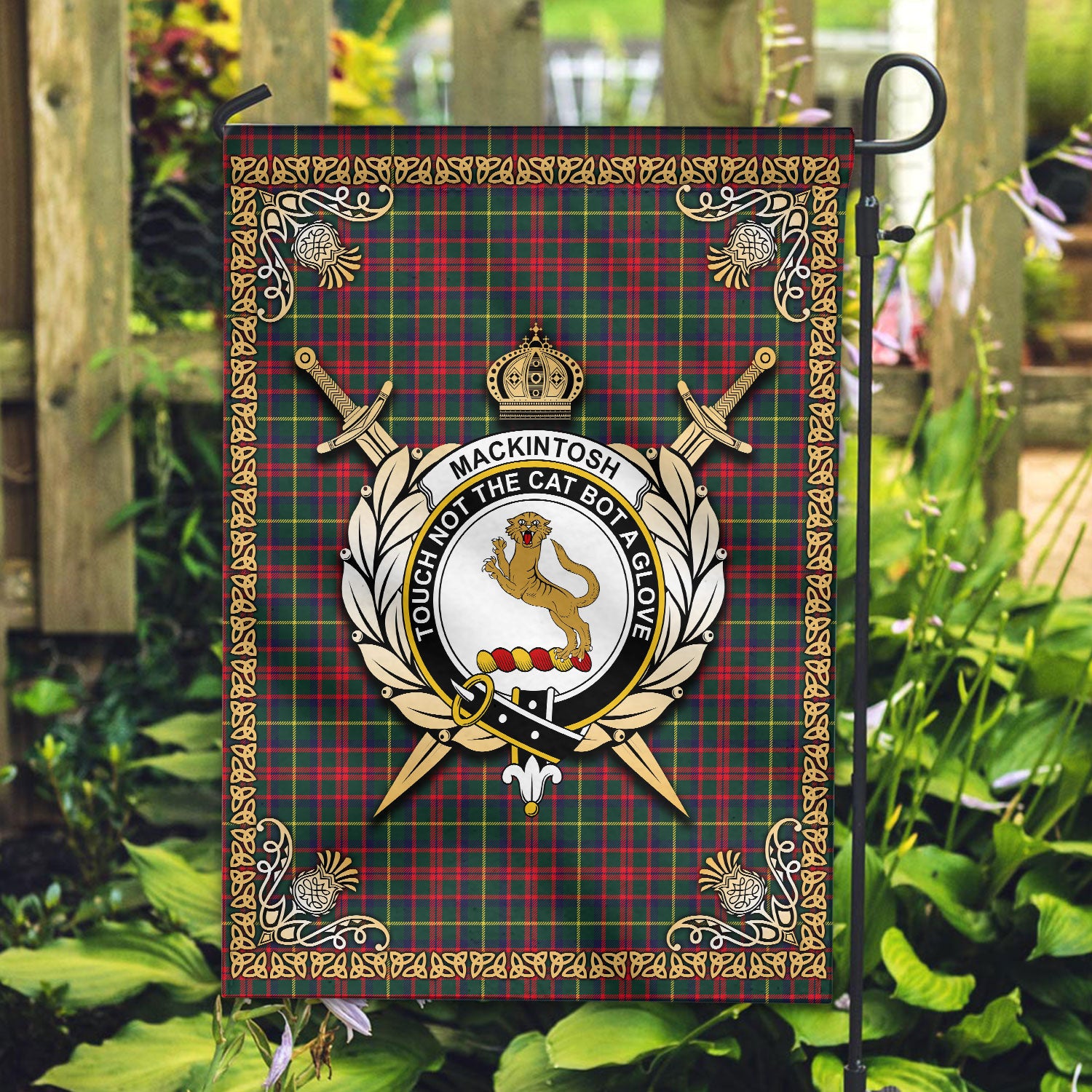 MacKintosh Hunting Modern Tartan Crest Garden Flag - Celtic Thistle Style