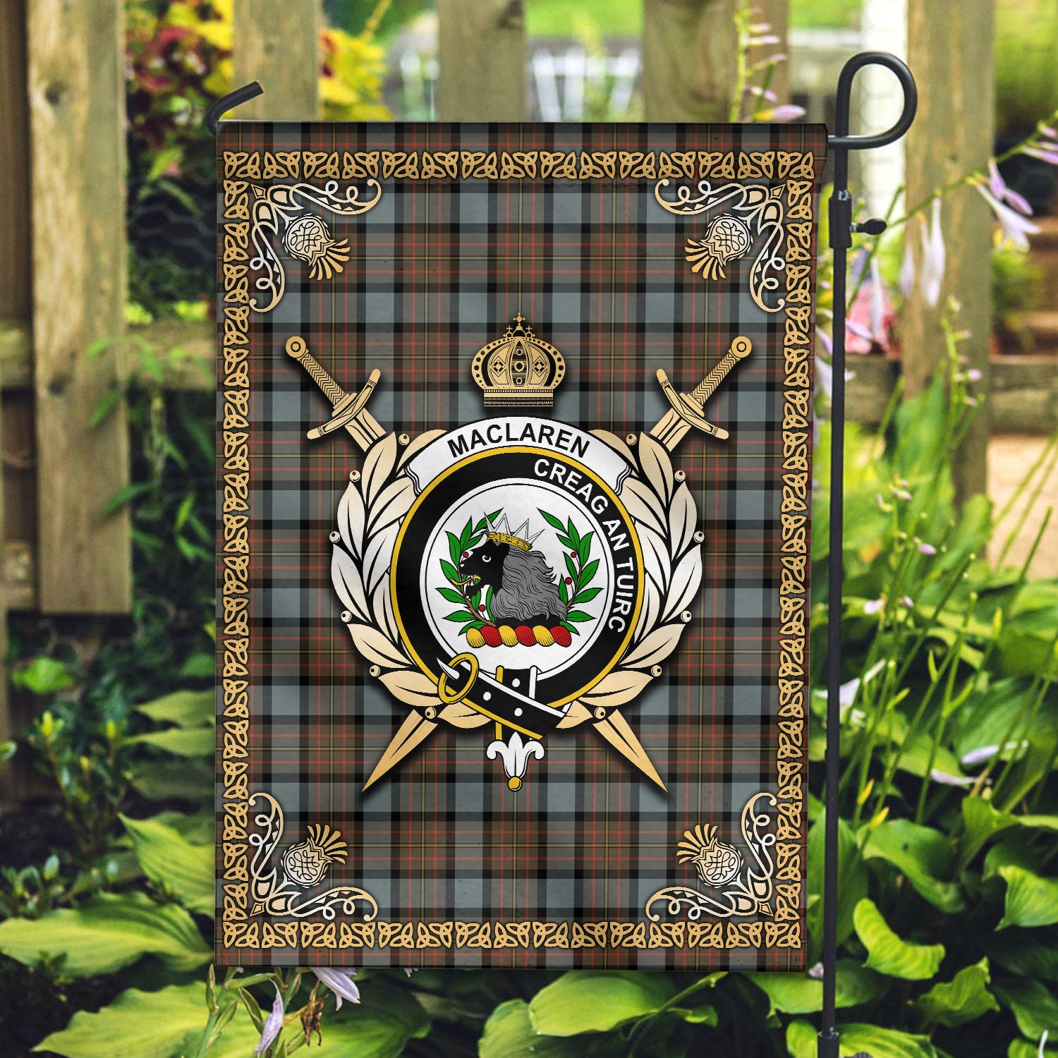 MacLaren Weathered Tartan Crest Garden Flag - Celtic Thistle Style