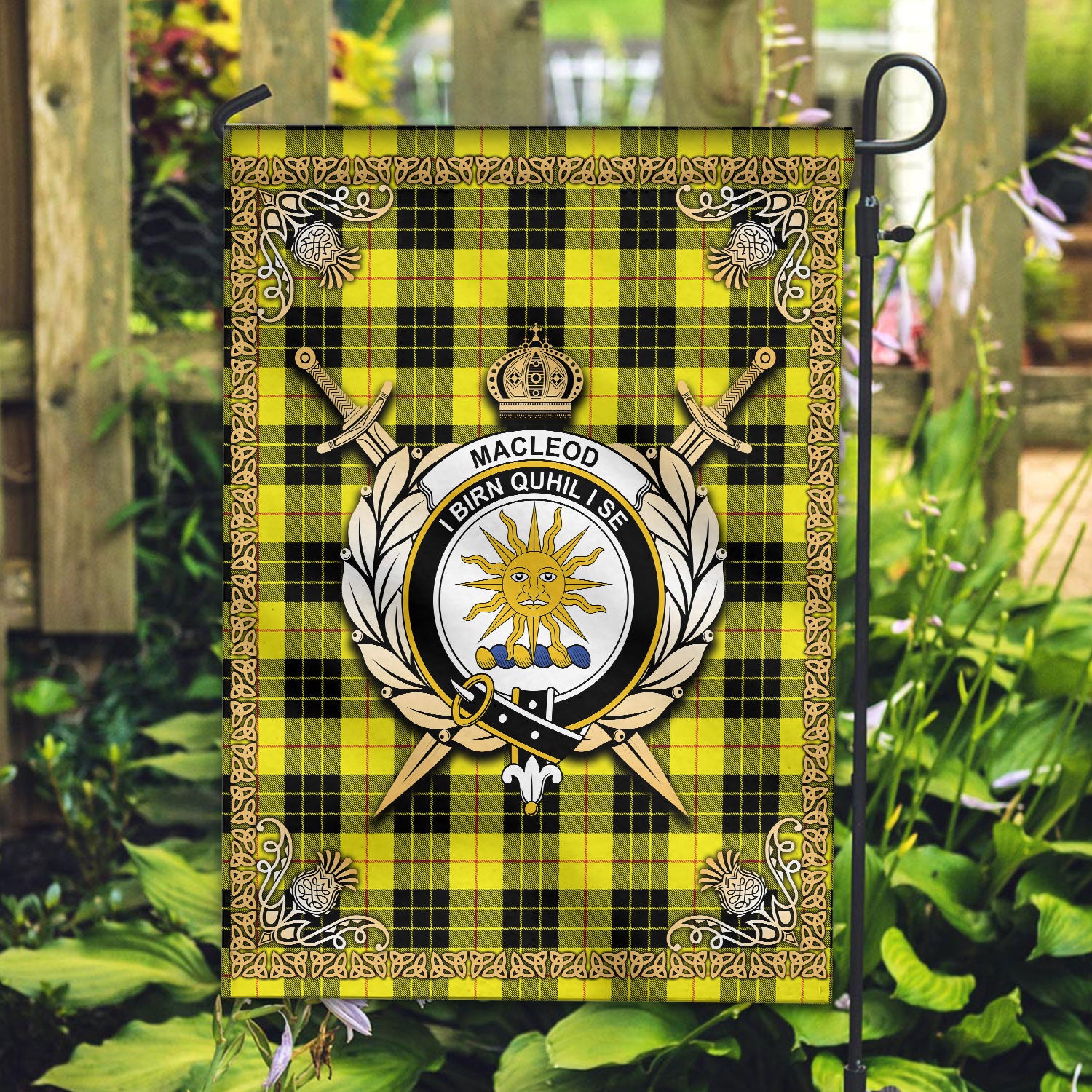 MacLeod of Lewis Modern Tartan Crest Garden Flag - Celtic Thistle Style