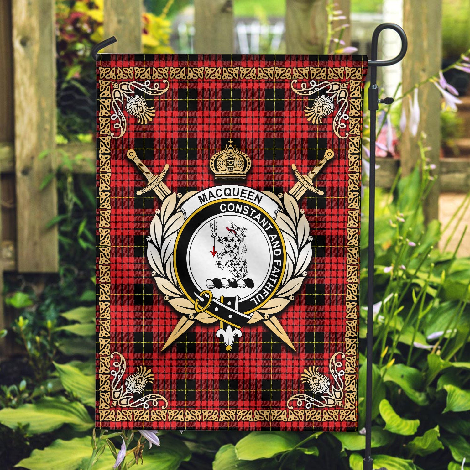 MacQueen Modern Tartan Crest Garden Flag - Celtic Thistle Style