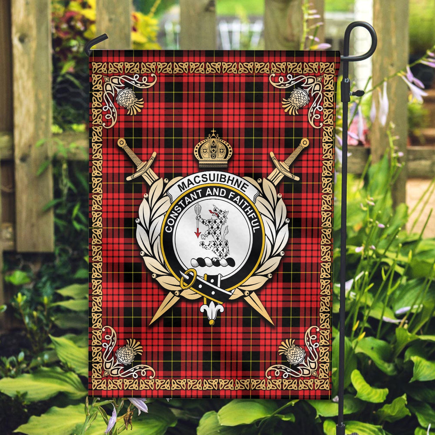 MacSuibhne Tartan Crest Garden Flag - Celtic Thistle Style